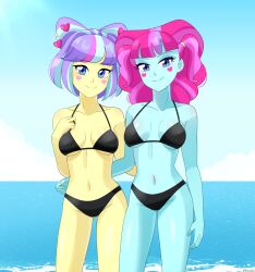 2girls beach bikini breasts commission equestria_girls female friendship_is_magic hasbro human kiwi_lollipop_(eg) looking_at_viewer my_little_pony navel ocean postcrush riouku supernova_zap_(eg) swimsuit water