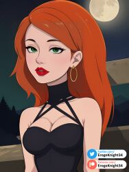 ai_generated bare_shoulders black_dress cleavage disney disney_channel erogeknight female green_eyes hoop_earrings kim_possible kimberly_ann_possible looking_at_viewer medium_breasts moon night orange_hair outdoors red_lipstick seductive seductive_look sky solo solo_female solo_focus stable_diffusion teeth upper_body