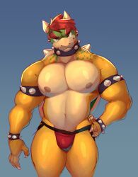 2024 absurd_res anthro areola armband barazoku big_muscles blue_background bowser bracelet bulge claws clothed clothing collar eyebrows hair hand_on_hip hi_res horn jewelry jockstrap jockstrap_only koopa looking_at_viewer male male_only mario_(series) muscular muscular_anthro muscular_male narrowed_eyes navel nintendo nipples non-mammal_nipples pecs scalie shell simple_background smile snaftfc solo spiked_armband spiked_bracelet spiked_collar spiked_shell spikes spikes_(anatomy) standing thick_thighs topless topless_anthro topless_male underwear underwear_only