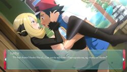 1boy 1girls against_wall ash_ketchum blonde_hair cynthia_(pokemon) defeat_sex defeated defeated_heroine english_text hat held_up holding_partner partially_clothed pokemon pokemon_(anime) pokemon_(series) pokemon_dppt reward_sex rigaeru satoshi_(pokemon) sex text