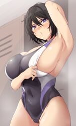 163_(shiromeshi) armpit armpits big_breasts black_hair blush breasts competition_swimsuit dolphin_wave huge_breasts large_breasts locker locker_room looking_at_viewer looking_down navel one-piece_swimsuit purple_eyes pussy pussy_bulge short_hair side_view sideboob stretched_clothing stretching suminoe_shion swimsuit swimwear tagme thick_thighs thighs tomboy