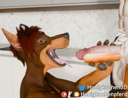 3d_(artwork) anthro anthro_only ashley_(thinecrawler) canid canine canis cropped_ears digital_media_(artwork) dobermann dobermann_(untied_verbeger) domestic_dog duo female food food_fetish food_play genitals hair hi_res honigkuchenpferd human humanoid_genitalia humanoid_penis kitchen mammal patreon_exclusive patreon_reward penis pinscher preview red_hair teeth tongue tongue_out