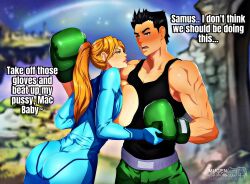 ass battlefield_(super_smash_bros) boxing_gloves breast_press breasts breasts_against_chest breasts_out holding_hands huge_breasts in_love little_mac male metroid mugenillustrations nintendo ponytail punch-out!! punch_out samus_aran seducing seductive super_smash_bros. super_smash_bros._for_nintendo_3ds_and_wii_u text tied_hair zero_suit zero_suit_samus