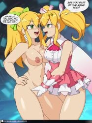 2girls blonde_hair clothed clothed/nude clothed_female_nude_female clothing dialogue green_eyes looking_at_each_other mega_man mega_man(classic) mega_man_x_dive multiple_girls nude nude_female pussy_grip roll selfcest speech_bubble tagme text vcampan yuri