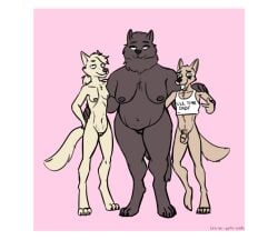 4_toes 5_fingers age_difference anthro anthro_on_anthro balls belly big_belly big_breasts bisexual black_body black_fur black_nose bottomless bottomless_anthro bottomless_male breasts camellia_(can-be-quite-crude) can-be-quite-crude canid canine canis circumcised clothed clothing dark_body dark_fur digital_drawing_(artwork) digital_media_(artwork) digitigrade feet female female/female fingers fur genitals group hair hi_res hindpaw humanoid_genitalia humanoid_hands humanoid_penis larger_anthro larger_female male male/female mammal mature_anthro mature_female mostly_nude mostly_nude_anthro mostly_nude_male navel nipples nude nude_anthro nude_female older_female paws penis penny_(can-be-quite-crude) polyamory ponytail postpartum_stomach shirt size_difference smaller_anthro smaller_male smile standing stretch_marks tail tan_body tan_fur tank_top throuple toes topwear trio vulva white_body white_fur white_hair wolf younger_male