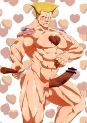 1boy abs arm_tattoo ass bar_censor bara blonde_hair blue_eyes blush candy censored chocolate chocolate_on_body chocolate_on_penis chocolate_syrup erection feet_out_of_frame food food_on_body guile heart heart-shaped_chocolate huge_cock karakuraax large_pectorals looking_at_viewer male_focus male_only manly mature_male muscular muscular_male nipples pectorals penis pocky smirk solo solo_male street_fighter tattoo testicles thick_arms thick_thighs thighs tongue tongue_out white_background