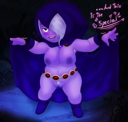 amethyst_(steven_universe) armpit_hair belt blush cape costume daruzart dc_cosplay exposed_breasts exposed_pussy hair_over_one_eye halloween_costume hero_costume hood pubes pubic_hair purple_body purple_nipples shortstack steven_universe white_hair