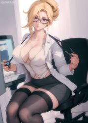 ai_generated black-framed_eyewear black_skirt black_stockings black_thighhighs blonde blonde_hair blue_eyes breasts chair cleavage closed_mouth coat covered_nipples cutesexyrobutts_(style) cutesexyrobutts_ai_artstyle_imitation doctor dr._ziegler flowerxl glasses head_tilt large_breasts looking_to_the_side mercy miniskirt monitor navel no_bra nurse office_chair office_lady overwatch pencil_skirt ponytail see-through skirt stethoscope stockings swivel_chair thighhighs white_coat white_shirt