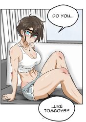 1girls abs bare_arms bare_legs bare_shoulders bare_thighs big_breasts blue_eyes blush brown_hair clothed clothing color embarrassed english_text female female_focus female_only fit_female hi_res large_breasts light-skinned_female light_skin looking_at_viewer lummypixith muscles muscular muscular_female original_character short_hair solo solo_female tagme text text_bubble thick_thighs tomboy