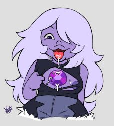 amethyst_(steven_universe) big_breasts big_lips boob_window cartoon_network chest_window chubby clothed crystal_gem cum drool drooling drooling_cum gem half_body jean_shorts long_hair nipple_peek nipple_slip purple_hair purple_nipples purple_skin ripped_clothing ripped_shirt saliva steven_universe steven_universe_future tongue tongue_out torn_shirt upper_body yoto