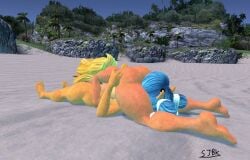 3d 69 anthro anthro_only ass_grab bandicoot beach blonde_hair blue_hair crash_(series) cunnilingus furry furry_female furry_only isabella_bandicoot megumi_bandicoot naked nitro_squad nude sand thick_thighs yuri