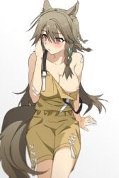 animal_ears arknights artist_request female naked_overalls one_breast_out overalls tail wild_mane_(arknights)