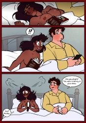 1boy 1boy1girl 1girls aged_up bed breasts brown_hair canon_couple cartoon_network comic connie_maheswaran curly_hair dark-skinned_female dark_hair dialogue embarrassed exposed_breasts female flustered hi_res indian_female light-skinned_male long_hair looking_at_partner male nipples perky_breasts santan999 sleeping sleeping_nude speech_bubble steven_quartz_universe steven_universe text waking_up wet_dream