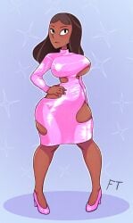 1girls 2023 artist_signature big_breasts brown_hair cartoon_network color dark-skinned_female dark_skin digital_media_(artwork) female female_only ft_(artist) high_heels latex latex_dress milf nipple_slip pink_dress pink_latex priyanka_maheswaran steven_universe thick_thighs thigh_squish tight_clothing voluptuous voluptuous_female