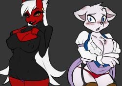 2021 2d 2girls anthro big_breasts black_lips blue_eyes blush chest_tuft cleavage crossover demon demon_horns demon_milf demon_mom_(helluva_boss) demon_tail demoness domestic_cat dreamworks dulcinea duo duo_female ear_piercing earrings embarrassed erect_nipples erect_nipples_under_clothes felid feline feline_humanoid female female_only garter_straps gold_earrings gold_jewelry hellaverse helluva_boss keyhole_sweater keyhole_turtleneck lifting_skirt long_hair looking_at_viewer mammal no_tail puss_in_boots_(dreamworks) puss_in_boots_(franchise) red_skin ruby_helen shrek_(series) skirt_lift smile succubus sweater_dress the_adventures_of_puss_in_boots tster turtleneck_dress underwear upskirt very_long_hair vivienne_medrano vivziepop white_fur white_hair yellow_sclera