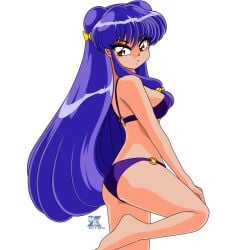 1girls back_view bells bikini blue_hair hair_buns light-skinned_female light_skin long_bangs long_hair looking_at_viewer megaphilx pose posing purple_bikini ranma_1/2 red_eyes shampoo_(ranma_1/2) white_background yellow_bow