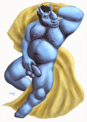 2019 anthro armpit_hair balls beard bed_sheet bedding belly belly_hair biceps blue_eyes body_hair chest_hair facial_hair feet flaccid foreskin genitals hand_behind_head hand_on_penis happy_trail hi_res male male_only mammal manly misaligned moobs muscular_legs muscular_thighs navel nipples nude pecs penis pinup pose pubes reclining rhinoceros simple_background slightly_chubby solo white_background