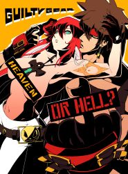 breasts brown_hair canon_couple censored_breasts couple guilty_gear guilty_gear_strive halo husband_and_wife jack-o'_valentine middle_finger red_hair sol_badguy topless