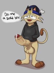 1boy anthro balls begging boner clothing cum dialogue erection feline furry hairy_balls hands_in_pockets highres male_only meowth paws penis pokémon_(species) pokemon precum rokie38 solo solo_male tail veiny_penis whiskers