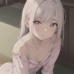 1girls ai_generated blonde_hair braless cleavage collarbone cute female fully_clothed innocent looking_at_viewer pink_eyes pyjamas stable_diffusion