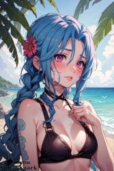 ai_generated beach bikini black_bikini blue_hair female female_only jinx_(league_of_legends) league_of_legends patreon patreon_username pink_eyes sultryspark tatoos tattoo water_drop