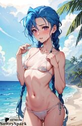 1girls ai_generated beach bikini blue_hair breasts female female_only jinx_(league_of_legends) league_of_legends patreon patreon_username pink_eyes small_breasts solo sultryspark tatoos tattoo visible_nipples visible_pussy water_drop wet wet_clothes white_bikini