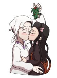 2girls age_difference black_hair demon_slayer female female_only holly_(plant) human incest kamado_kie kamado_nezuko kimetsu_no_yaiba kissing mannysdirt milf mistletoe mother_and_daughter no_visible_genitalia older_female red_berries younger_female yuri