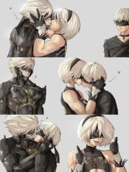 1girls 2boys bisexual black_blindfold covered_eyes crossover cyborg eyepatch female hand_on_another's_face kiss kissing metal_gear multiple_boys muscular_female nier:_automata raiden_(metal_gear) smile straight white_hair yaoi yoracrab yorha_2b yorha_9s