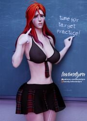 1girls 3d 3d_(artwork) blender breasts breasts chalkboard classroom dota_2 green_eyes lavandyra light-skinned_female lollipop looking_at_viewer red_hair school_uniform skirt thick_thighs thighs windranger