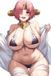 1girls absurd_res bikini blue_eyes breasts fate/grand_order fate_(series) female frankenstein_(fate) hair_over_one_eye hi_res hips horn huge_breasts jasony light-skinned_female light_skin literature monster monster_girl pink_hair public_domain short_hair simple_background smile thick_thighs thighs undead voluptuous wide_hips