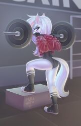 anthro ass black_eyes blurred_background clothing deadlift equid equine exercise eyebrows female fluffy_ears footwear gym hair hi_res horse jacket leotard looking_at_viewer makeup mammal mikart multicolored_hair multicolored_tail paige_(mikart) rainbow_hair rear_view red_clothing shoes sneakers socks solo tail thick_eyebrows topwear watermark white_body white_hair white_tail