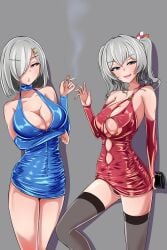 2girls absurdres alternate_costume black_thighhighs blue_dress blue_eyes blue_sleeves bodycon bridal_gauntlets cigarette clothing_cutout detached_sleeves dress female_only grey_background hair_ornament hair_over_one_eye hairclip hamakaze_(kantai_collection) highres holding holding_cigarette kantai_collection kashima_(kantai_collection) large_breasts long_hair looking_at_viewer monte_(koupin) multiple_girls oppai prostitution red_dress red_sleeves shiny_clothes short_dress short_hair sidelocks skin_tight skin_tight_dress skin_tight_outfit skindentation smoke smoking standing thighhighs tight_clothes tight_clothing tight_dress tight_fit twintails