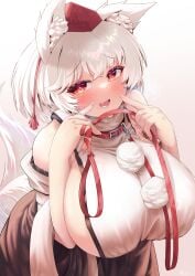 animal_collar animal_ear_fluff animal_ears blush breasts collar commentary detached_sleeves english_commentary female gradient_background hat heavy_breathing highres holding holding_leash huge_breasts inubashiri_momiji leash looking_at_viewer momiji_inubashiri oerba_yun_fang open_mouth pom_pom_(clothes) red_eyes red_headwear rion_(user_ufvg8527) shirt short_hair sideboob signature skirt sleeveless sleeveless_shirt smile solo tail tokin_hat touhou white_hair white_shirt wolf_ears wolf_girl wolf_tail