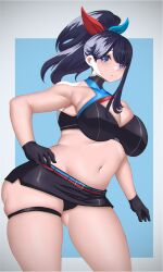 ai_generated black_hair black_skirt bleachedleaves blue_eyes female gloves gridman_universe hair_ribbon light_blush long_hair microskirt navel official_alternate_costume ponytail ribbon simple_background solo ssss.gridman swimsuit takarada_rikka thick_thighs thigh_strap thighs wide_hips