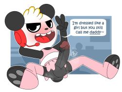 combo_panda crossdressing cub erection furry male male_only midriff musk olly panda skirt solo stockings