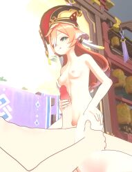 1boy 1girls 3d completely_nude cowgirl_position genshin_impact green_eyes hat lying masturbating_other masturbation nude orange_hair penis petite pleasure_face pussy sex small_breasts thighs white_hair yanfei_(genshin_impact)