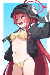 alternate_version_available bandage bandage_on_face bikini blue_archive blush breasts gun hair_between_eyes halo helmet helmet_gangsters_(blue_archive) jacket konnyaku_(kk-monmon) long_hair medium_breasts navel rabu_(blue_archive) red_eyes red_hair sharp_teeth thighs