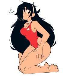 alternate_hairstyle average_breasts black_hair boonsky girl hair_over_one_eye headband long_hair on_knees red_swimsuit swimsuit tanned vanilla_(boonsky)