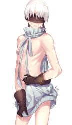 1boy aki663 android blindfold femboy gloves light_skin male male_focus male_only nier nier:_automata solo sweater virgin_killer_sweater white_background white_hair yorha_9s