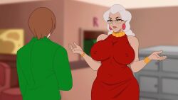 animated bbw big_ass big_breasts big_nipples discreenvision game_cg glasses grey_hair heels huge_breasts inusen lipstick milf milf_boom older_female red_dress