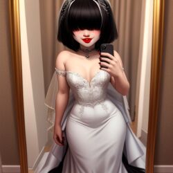 1boy ai_generated corey_(purple_letter) femboy frosting.ai goth hair_over_eyes holding holding_object holding_phone mirror mirror_reflection mirror_selfie original original_character painted_nails phone purple_letter red_lipstick red_nails self_upload selfie solo wedding_dress wide_hips