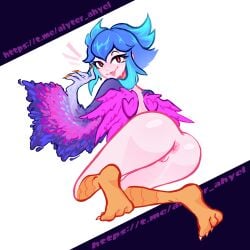 ass ass_focus back_view blue_hair booty brawl_stars feathered_wings feathers humanoid_genitalia large_ass melodie_(brawl_stars) red_eyes smile sweatdrop villweewee