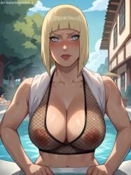 1girls ai_generated bare_shoulders barely_visible_genitalia big_breasts blonde_hair blue_eyes blunt_bangs blush bob_cut bottomless bottomless_female breasts deviantart_username facing_viewer female female_only fishnet_shirt fishnet_topwear fishnets flashing flashing_breasts front_view huge_breasts in_water jacuzzi large_breasts lipstick looking_at_viewer makeup mature mature_female mature_woman mesh mesh_shirt milf nai_diffusion naruto naruto:_the_last naruto_(series) naruto_shippuden oppai partially_submerged pinup pool presenting presenting_breasts presenting_hindquarters rear_view samui shirt_behind_neck shirt_up short_hair sideboob solo solo_focus stable_diffusion tesiai thick_thighs thighs tied_shirt topwear topwear_only url water watermark web_address wet wet_skin