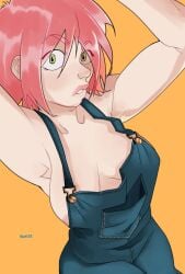 1girls 2024 alternate_version_available armpits arms_above_head arms_up artist_name big_lips breasts cleavage clothed clothed_female clothes clothing cowboy_shot denim eyelashes female flcl front_view green_eyes hair hands_above_head haruko_haruhara hi_res high-angle_view human light-skinned_female light_skin looking_at_viewer medium_breasts medium_hair nipple_slip nipples no_bra orange_background overalls pink_hair pink_nipples plump_lips puffy_nipples reddkats signature solo teeth thick_lips wardrobe_malfunction