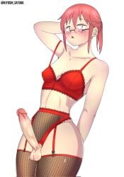 blush full_body futa_only futanari glasses kiyoshi_satou6 kobayashi lingerie lingerie_bra lingerie_panties miss_kobayashi's_dragon_maid nude nude_female ponytail red_hair small_breasts smaller_female tomboy yellow_eyes