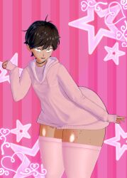 anime_dork_boyfriend_meme blush brown_eyes brown_hair cat_pose choker dark-skinned_femboy dumptruck_ass femboy freckles_on_thighs heart_background koikatsu pink_background pink_nail_polish pink_thighhighs posing star_background thick_thighs