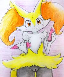 braixen colored dildo dripping dripping_pussy eiroru female female_only feral feral_pokemon fluffy fluffy_chest fox fur furry furry_female generation_6_pokemon highres inner_ear_fluff innie_pussy looking_at_viewer orange_eyes pokémon_(species) pokemon pokemon_(species) pokephilia pussy pussy_juice simple_background slight_blush smiling smiling_at_viewer thighs vagina wet wet_pussy yellow_body yellow_fur