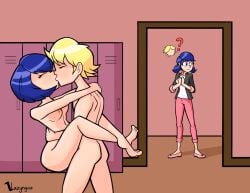 1boy 2d 2d_(artwork) 2girls ? adrien_agreste asian asian_female blonde_hair blue_eyes blue_hair blush breasts closed_eyes cuckquean female japanese kagami_tsurugi kissing male marinette_dupain-cheng miraculous:_tales_of_ladybug_and_cat_noir miraculous_ladybug multiple_girls nipple nude nude_female nude_male pigtails reverse_netorare sex short_hair stand_and_carry_position straight vazyngaz