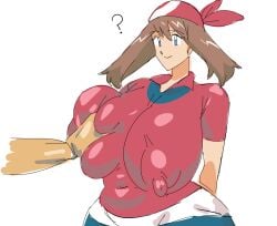 1girls areolae_visible_through_clothing bandana belly belly_button blue_eyes breast_grab breast_squeeze breast_squish breasts breasts_bigger_than_head brown_hair brunette_hair clueless fondling fondling_breast fully_clothed groping groping_breasts hand_on_breast huge_breasts kandenki may_(pokemon) nipples_visible_through_clothing plump pokemon pokemon_rse portrait question_mark short_hair skin_tight skin_tight_outfit skindentation smile white_background wide_hips