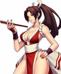 1girls bangs bare_shoulders boob_window breasts brown_eyes brown_hair fatal_fury female female_only hand_fan hand_on_hip japanese_clothes kimono king_of_fighters long_hair mai_shiranui ninja pale-skinned_female pale_skin ponytail red_nails sideboob sleeveless snk solo thick_thighs thighs uwagi white_background wide_hips